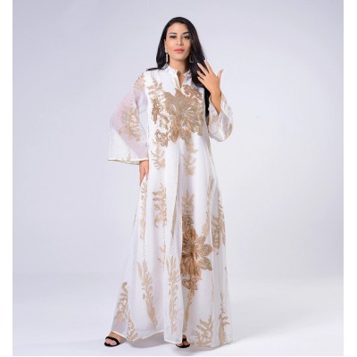 Middle East Abaya Sparkle Sequins Embroidery Dubai Jalabiya Long Sleeves Modest Hijab White Orange Green